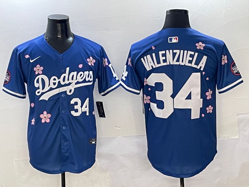 Men Los Angeles Dodgers 34 Valenzuela Blue Sakura Edition 2025 Nike MLB Jersey style 2